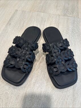 FARM Rio Black Braided Triple-strap Slide Sandals